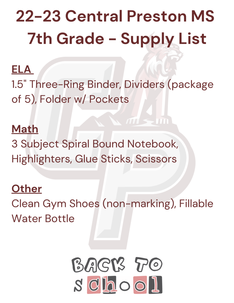 7th Grade Supply List Central Preston Middle School