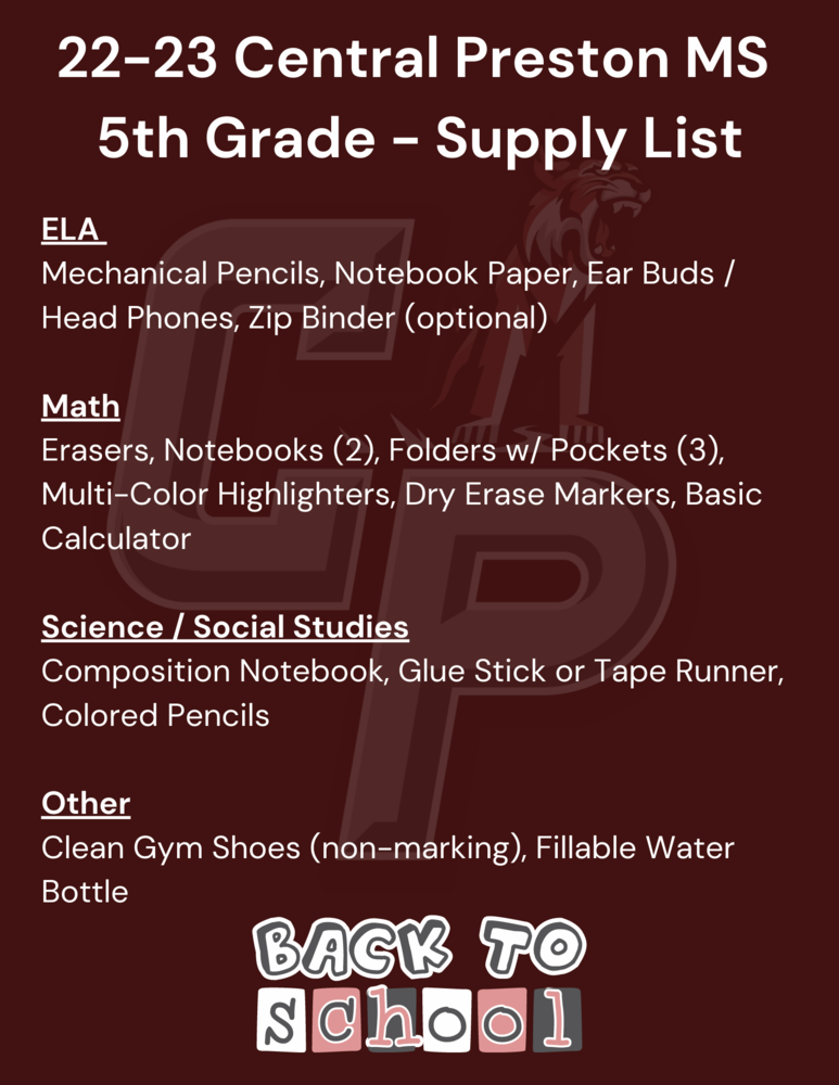 5th Grade Supply List Central Preston Middle School