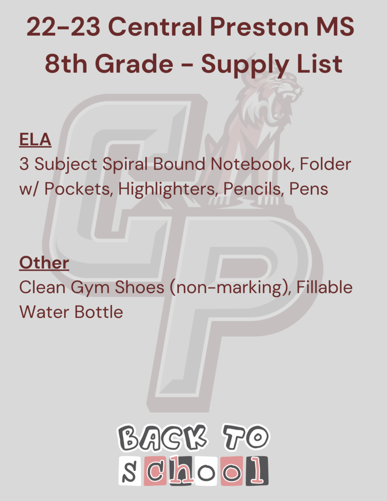 8th Grade Supply List Central Preston Middle School